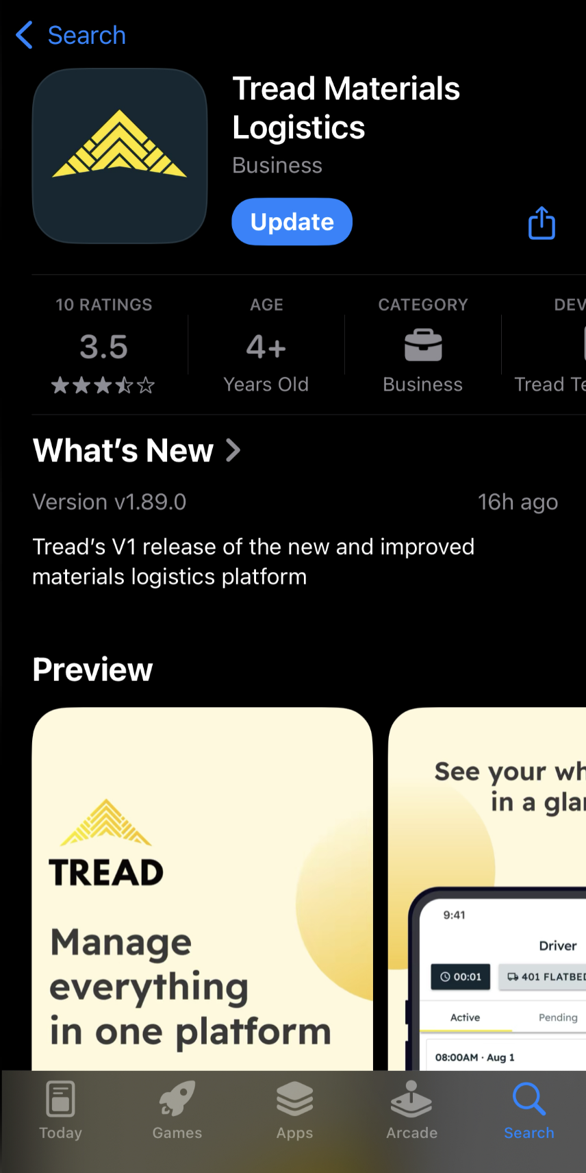 App Store listing: Tread Materials Logistics