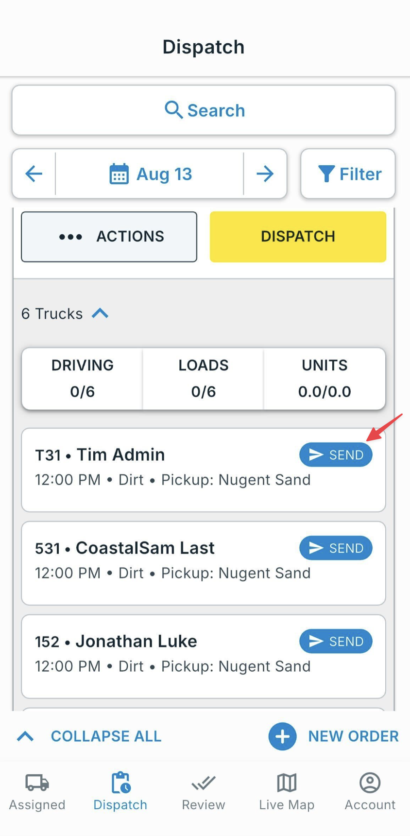 Drivers listed with SEND buttons