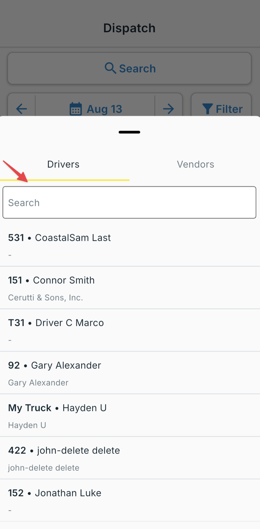 Driver picker: search by name